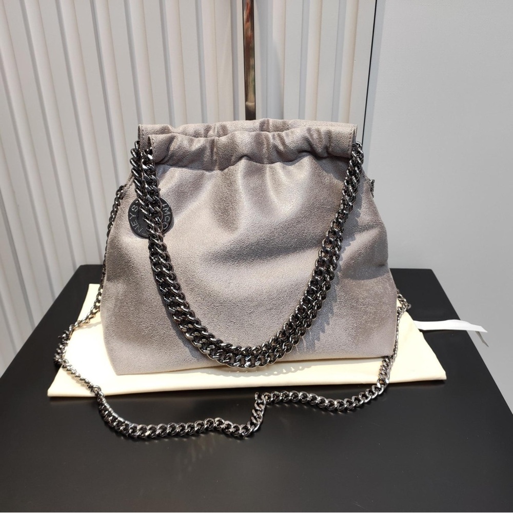 Stella McCartney Gray Suede Drawstring Shoulder Bag with Chain Strap